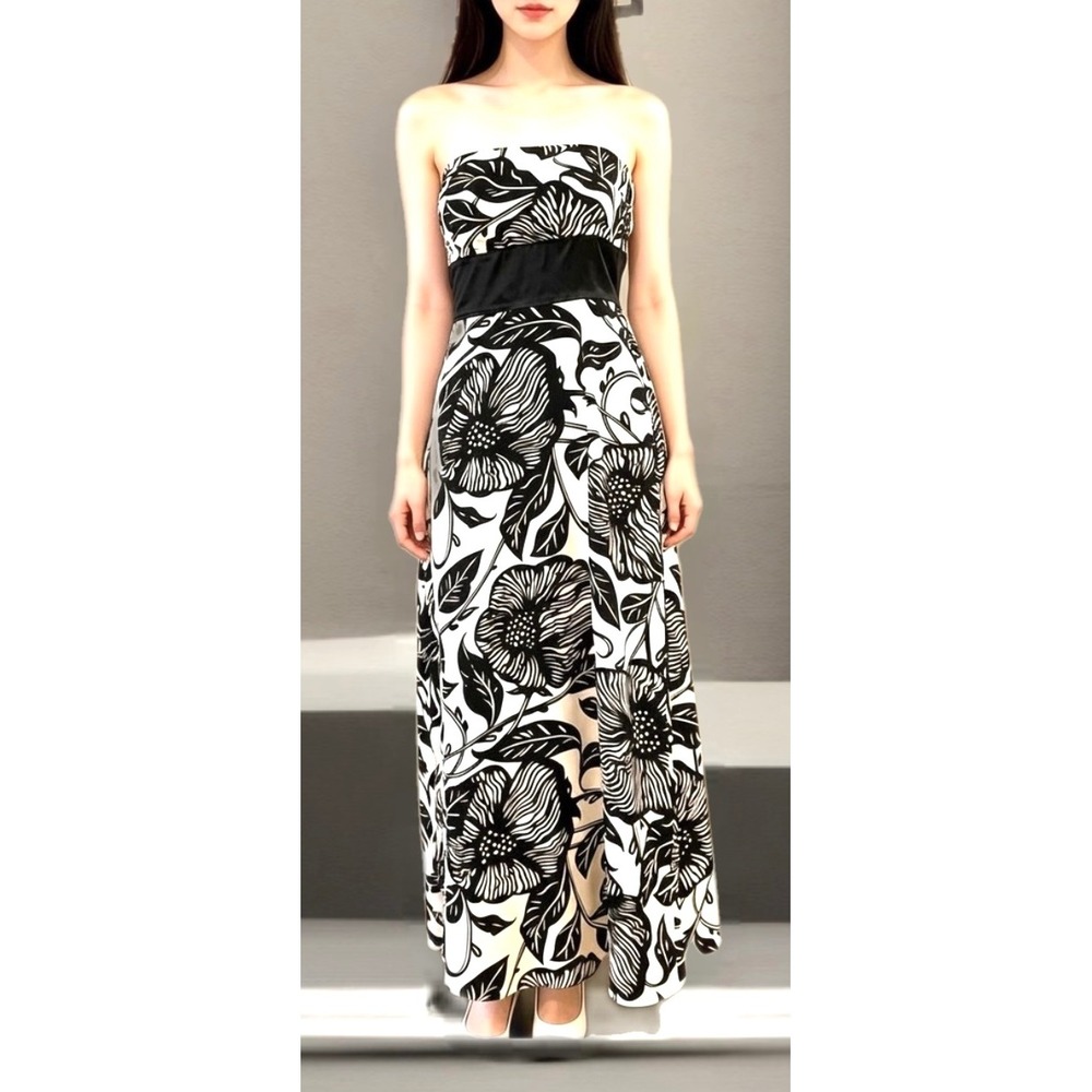 WHBM Floral Black White Maxi Dressβ Satin Waistband Formal Gown Strapless